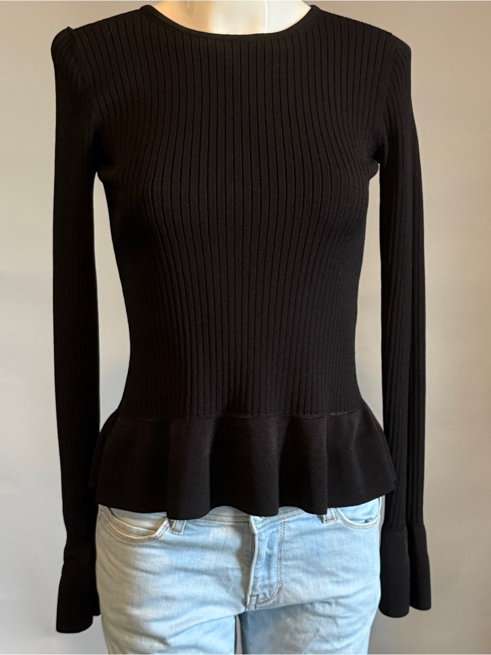 Diane Von Furstenberg Black Ribbed Peplum Long-Sleeve Top
